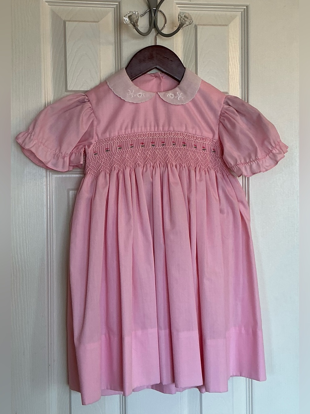VTG Hand Smocked Puff Sleeve Pink Floral Dress with Peter Pan Collar 18-24 Mos